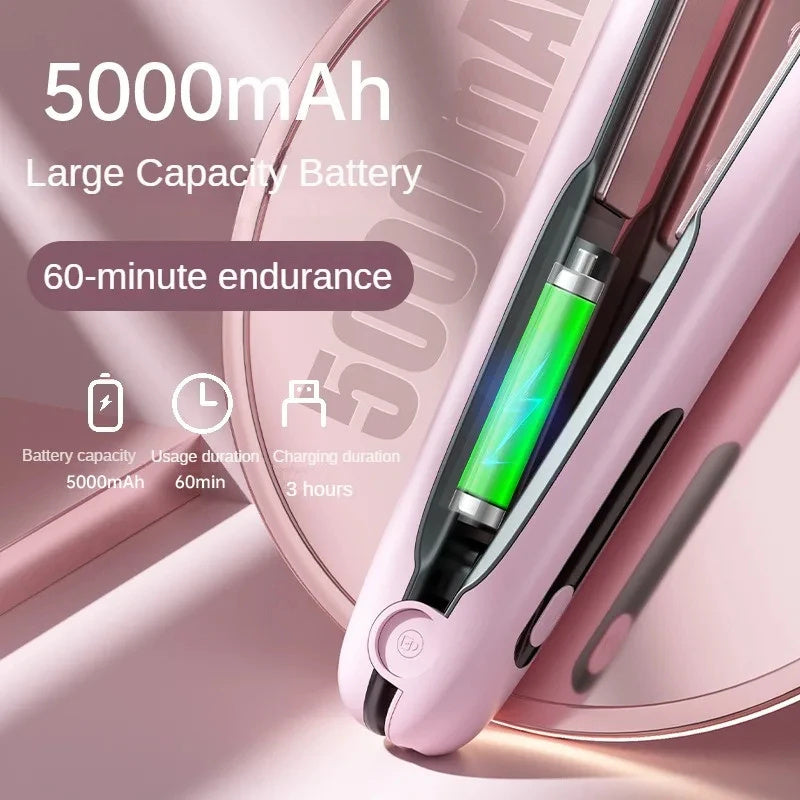 Wireless 2-in-1 Hair Straightener & Curler, USB Rechargeable, 5000mAh, 200°C, Portable, 4 Heat Settings, Wet & Dry Use